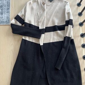 Striped Long Open Cardigan Sweater - Beige & Black